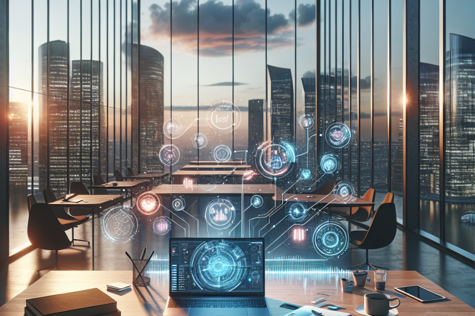 a laptop on a table in a room with a city skyline