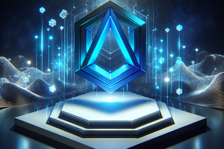 a blue and white geometrical object with lights and lines