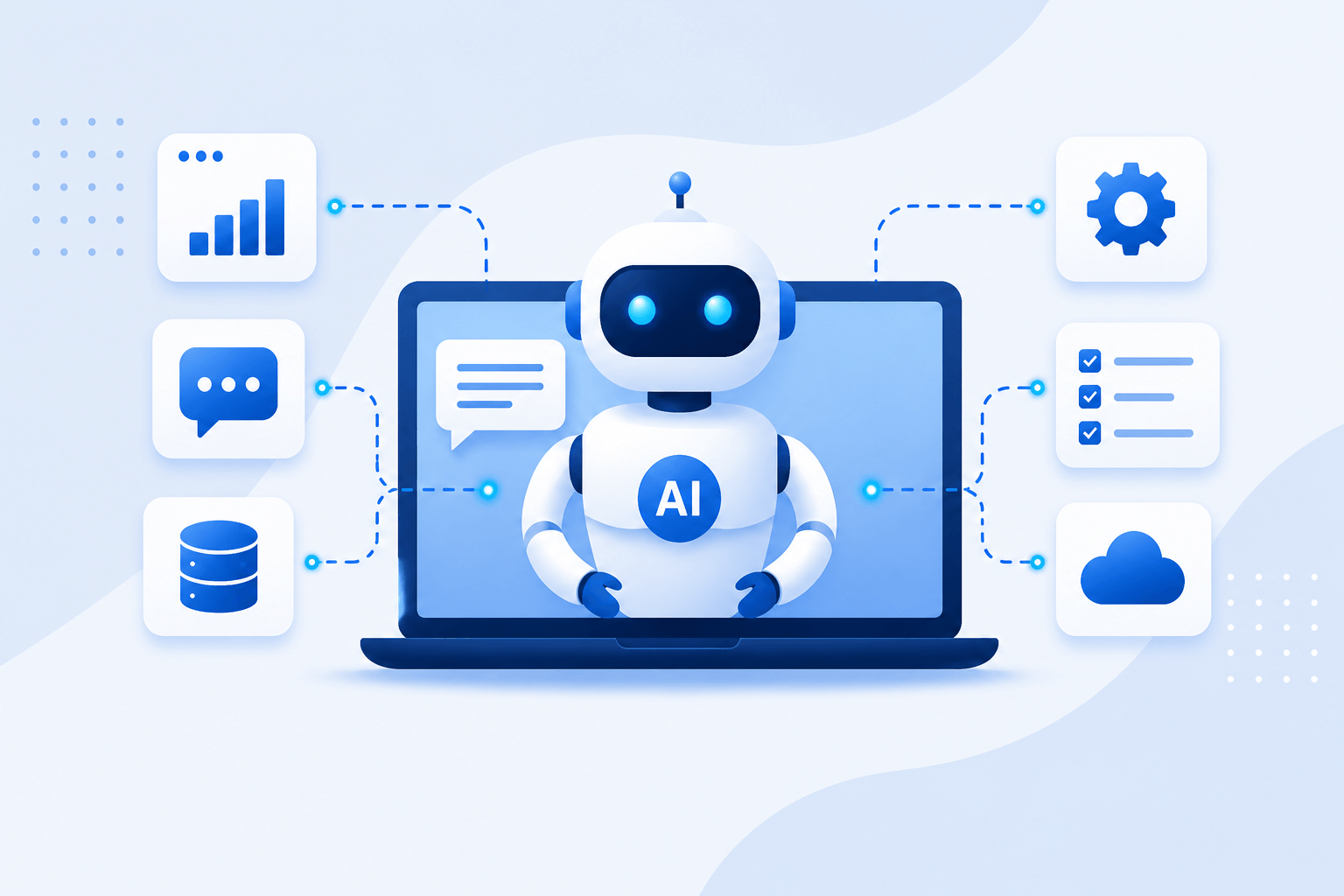 AI agent platform illustration showing enterprise AI orchestration, workflow automation, cloud integration, and business system connectivity.